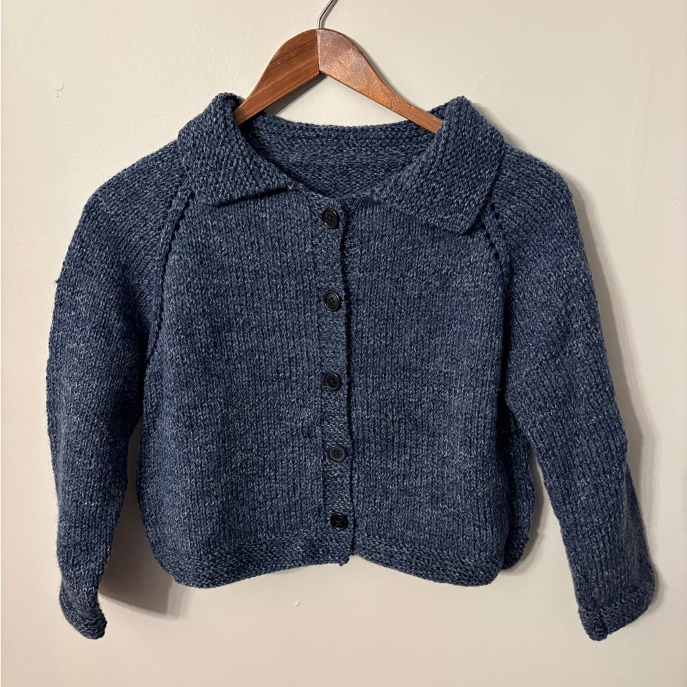New Hand Knit Cozy Blue-Gray Button-Up Children’s Sweater